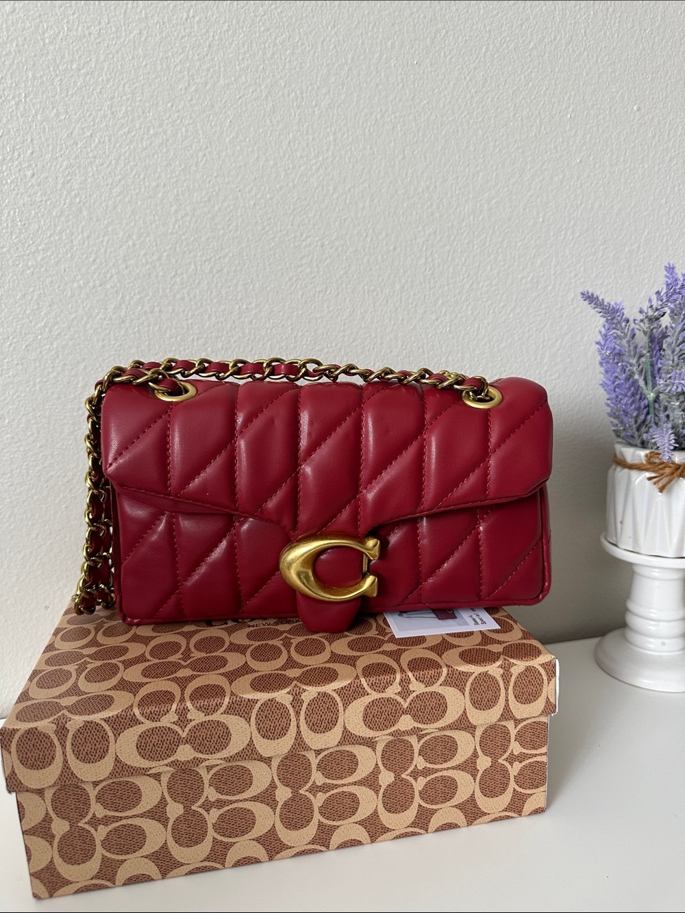 Quilted Red Shoulder Bag with Gold Hardware